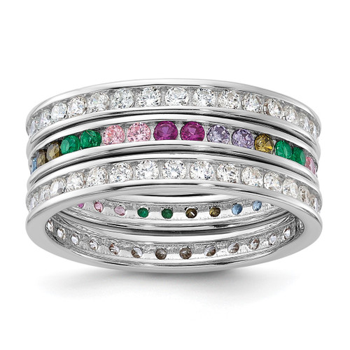 Sterling Silver Rhodium-Plated Multi Color Cubic Zirconia 3 Band Set Ring