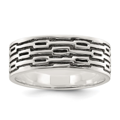 Sterling Silver Polished Oxidized Patterned Men'S Band Ring, 9 mm