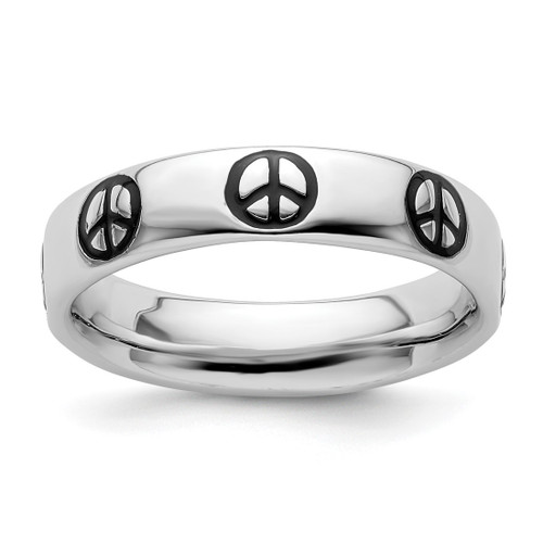 Rhodium-Plated Sterling Silver Stackable Expressions Polished Enameled Peace Sign Ring, 4.5 mm