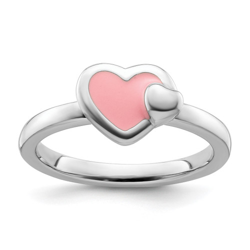 Rhodium-Plated Sterling Silver Stackable Expressions Polished Pink Enameled Heart Ring, 2.25 mm