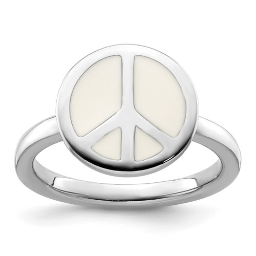 Rhodium-Plated Sterling Silver Stackable Expressions Polished White Enameled Peace Sign Ring, 2.25 mm