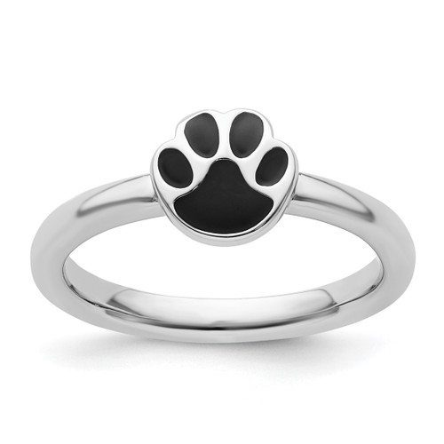 Sterling Silver Stackable Expressions Black Enamel Pawprint Ring