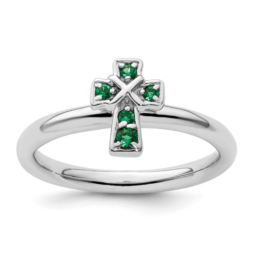 Sterling Silver Stackable Expressions Rhodium Lab-Created Emerald Cross Ring