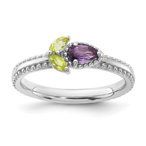Sterling Silver Stackable Expressions Rhodium-Plated Textured Amethyst and Peridot Flower Ring, 2.75 mm