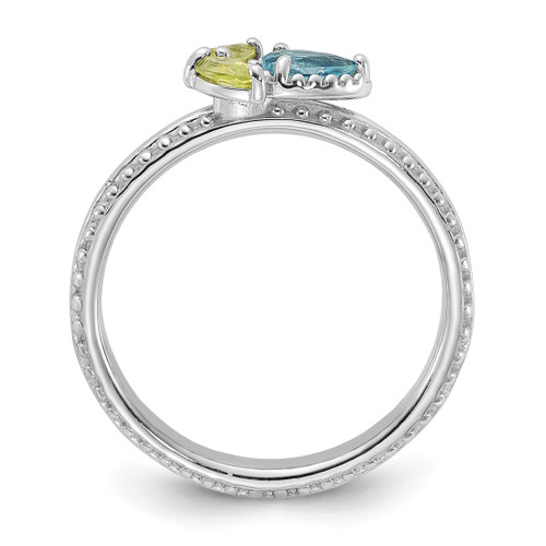 Sterling Silver Stackable Expressions Rhodium-Plated Lt Swiss Blue Topaz & Peridot Flower Ring, 2.75 mm - View 2