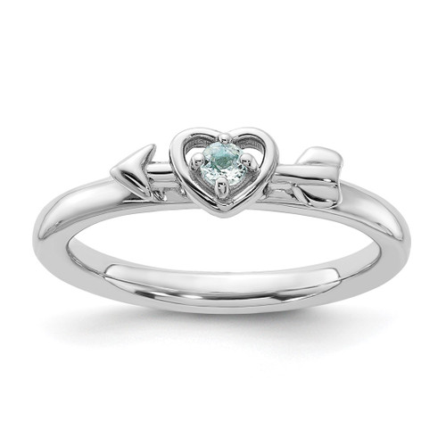 Sterling Silver Stackable Expressions Rhodium-Plated Aquamarine Heart with Arrow Ring, 2.5 mm