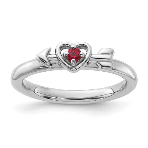 Sterling Silver Stackable Expressions Rhodium-Plated Lab-Created Ruby Heart with Arrow Ring, 2.5 mm