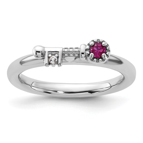 Sterling Silver Stackable Expressions Rhodium-Plated Lab-Created Ruby and White Topaz Key Ring, 2.5 mm