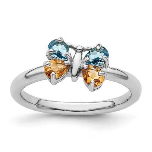 Rhodium-Plated Sterling Silver Stackable Expressions Blue Topaz & Citrine Butterfly Ring, 2.25 mm