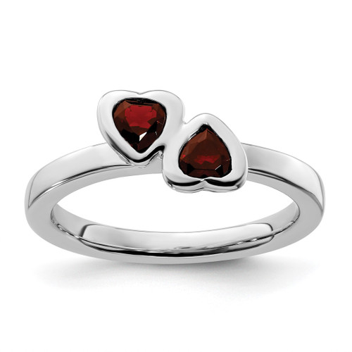 Rhodium-Plated Sterling Silver Stackable Expressions Garnet Double Heart Ring, 2.25 mm