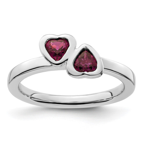 Rhodium-Plated Sterling Silver Stackable Expressions Rhodolite Garnet Double Heart Ring, 2.25 mm