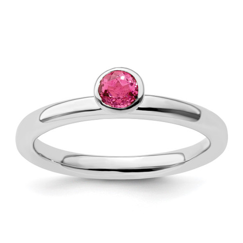 Rhodium-Plated Sterling Silver Stackable Expressions High 4 mm Round Pink Tourmaline Ring