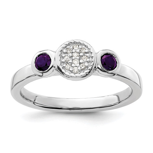Rhodium-Plated Sterling Silver Stackable Expressions Dbl Round Amethyst & 0.05ct Diamond. Ring, 2.25 mm