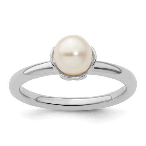 Rhodium-Plated Sterling Silver Stack Exp. Polished White Cultured Freshwater Pearl Ring, 2.5 mm