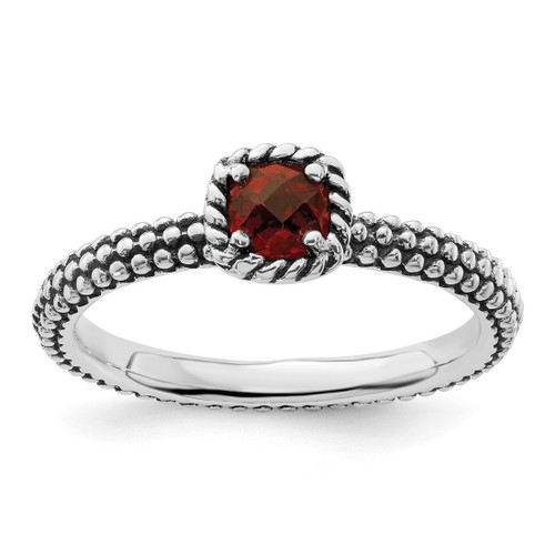 Sterling Silver Stackable Expressions Checker-Cut Garnet Antiqued Ring, 2.5 mm