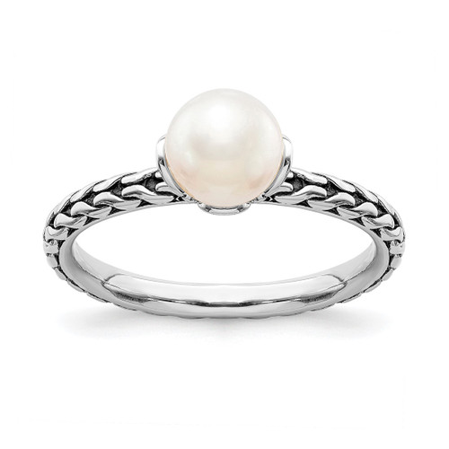 Rhodium-Plated Sterling Silver Stack Exp. 7.0-7.5 mm White Cultured Freshwater Pearl Ring
