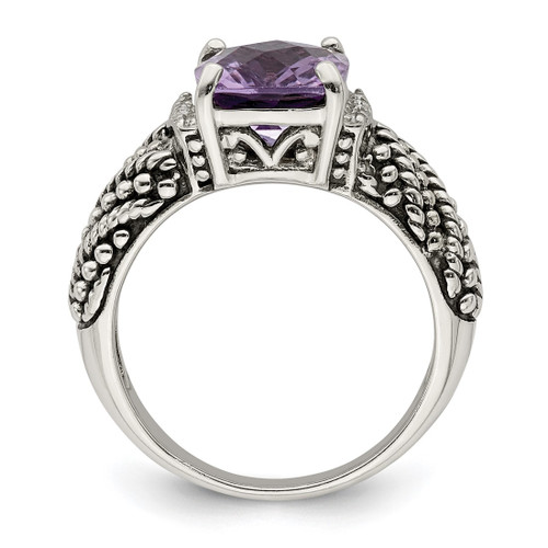 Shey Couture Sterling Silver with 14K Accent Antiqued 0.06ct Diamond and Cushion Amethyst Ring - View 2