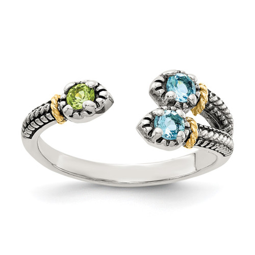 Shey Couture Sterling Silver with 14K Accent Antiqued.22Round Light Swiss Blue Topaz and.12Round Peridot Ring, 4.27 mm