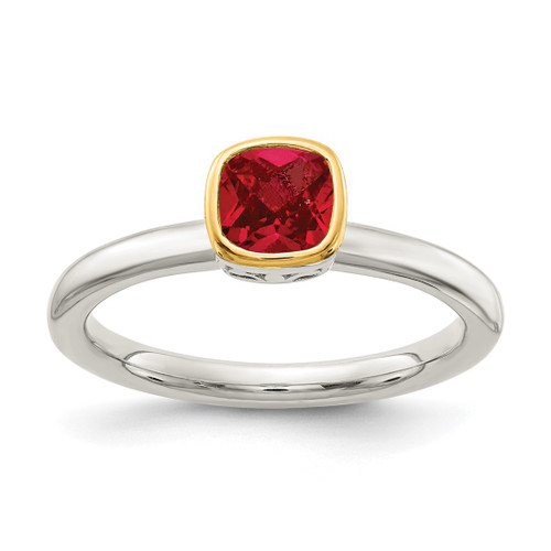 Shey Couture Sterling Silver Rhodium-Plated with 14K Accent Polished Cushion-Cut Lab-Created Ruby Ring, 2 mm