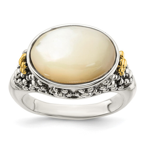 Shey Couture Sterling Silver with 14K Accent Antiqued Floral Oval Mother of Pearl Ring, Domed