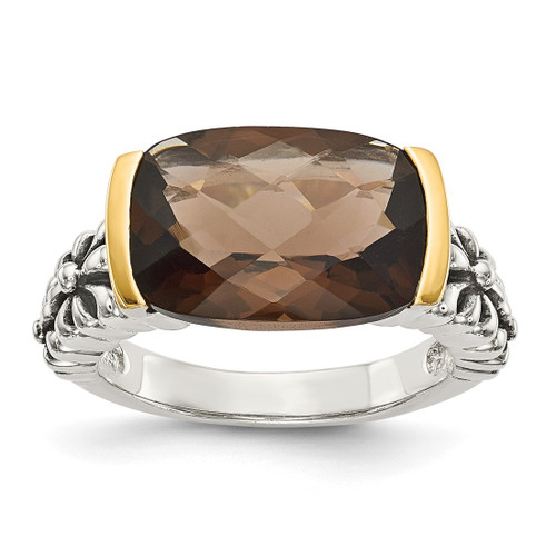 Shey Couture Sterling Silver with 14K Accent Antiqued Cushion Checkerboard Smoky Quartz Ring, 3 mm