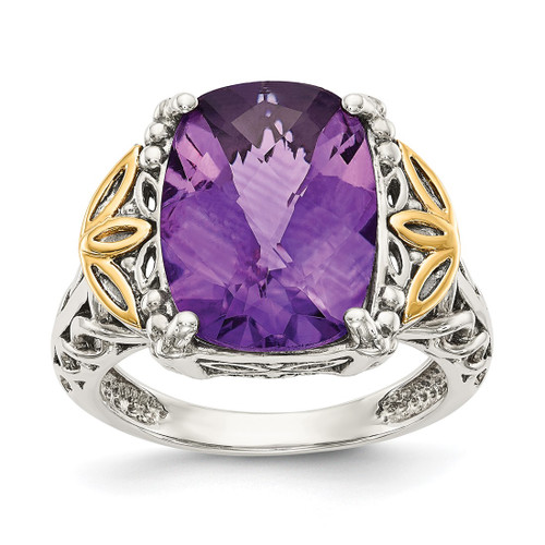 Shey Couture Sterling Silver with 14K Accent Antiqued Cushion Amethyst Ring, 14 mm Top Length, 18 mm Top Width