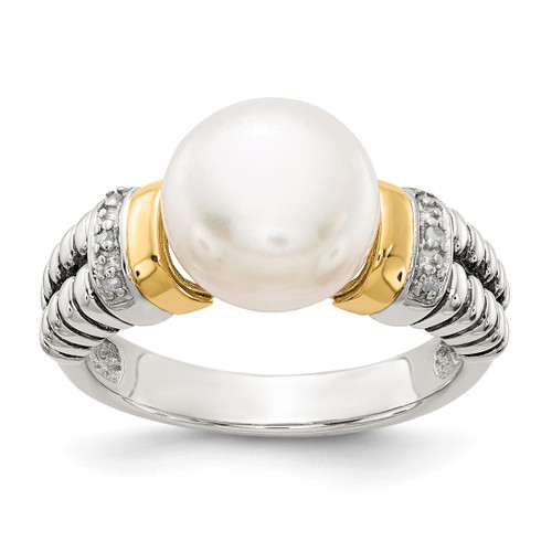 Shey Couture Sterling Silver with 14K Accent Antiqued 0.03ct Diamond and 9.5-10 mm Cultured Freshwater Pearl Ring