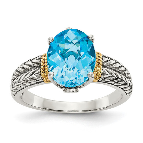 Shey Couture Sterling Silver with 14K Accent Antiqued Oval Blue Topaz Ring, 5 mm