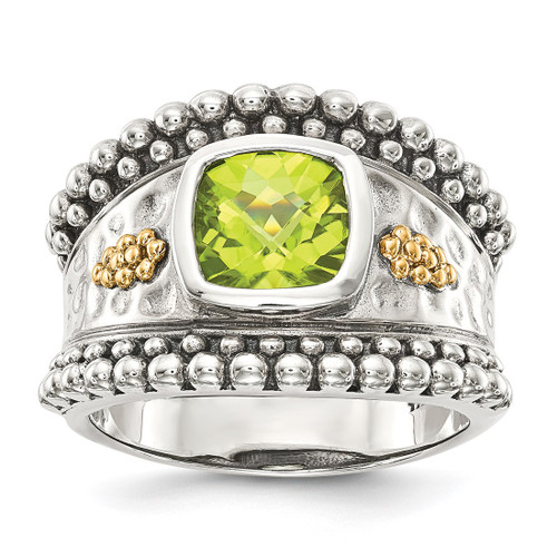 Shey Couture Sterling Silver with 14K Accent Antiqued Cushion Bezel Peridot Ring, 14 mm