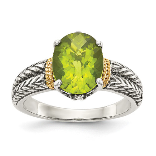 Shey Couture Sterling Silver with 14K Accent Antiqued Oval Peridot Ring, 10 mm
