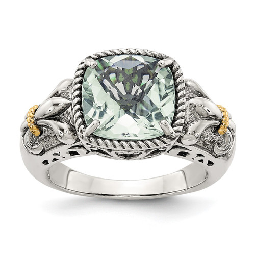 Shey Couture Sterling Silver with 14K Accent Antiqued Cushion Green Quartz Ring, 10 mm