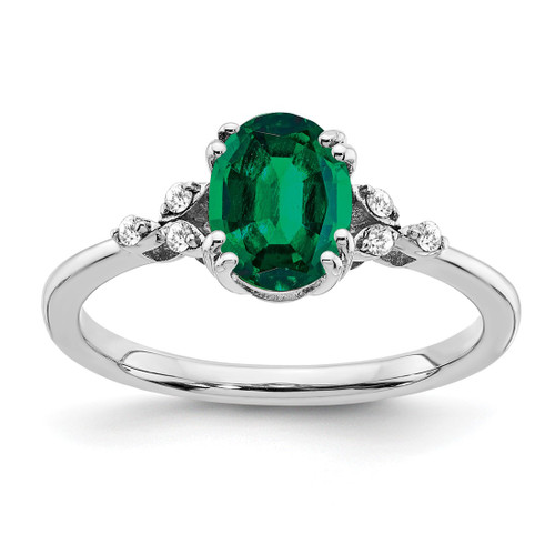 Sterling Silver Rhodium-Plated Lab-Created Emerald and 0.06ct Diamond Ring