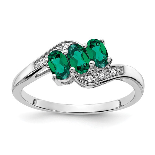 Sterling Silver Rhodium-Plated Lab-Created Emerald and 0.03ct Diamond Ring