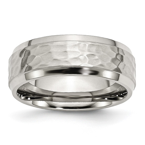 Chisel Stainless Steel Brushed Polished and Hammered 8 mm Beveled Edge Wedding Band, Flat