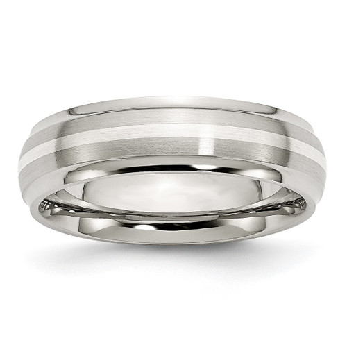 Stainless Steel Sterling Silver Inlay Ridged Edge Brushed and Polished Wedding Band, 6 mm