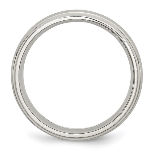 Stainless Steel Sterling Silver Inlay Ridged Edge Brushed and Polished Wedding Band, 6 mm - View 2