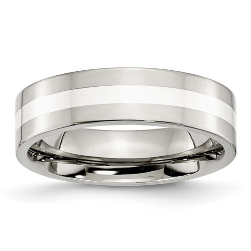 Stainless Steel with Sterling Silver Inlay Polished 6 mm Flat Wedding Band