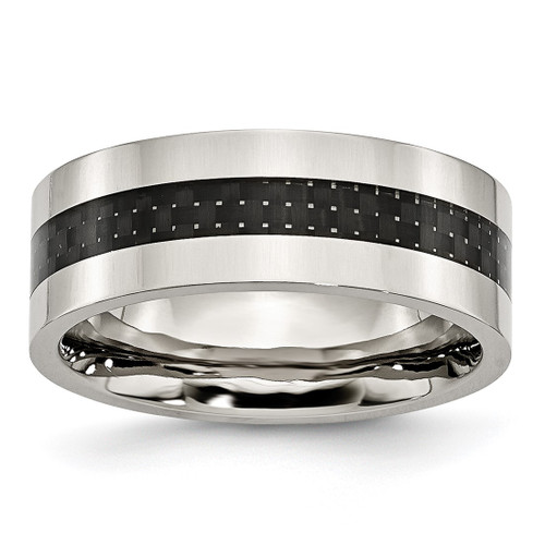 Chisel Stainless Steel Polished with Black Carbon Fiber Inlay 8 mm Flat Wedding Band