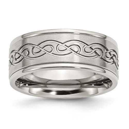Chisel Stainless Steel Brushed and Polished Scroll Design 9 mm Ridged Edge Wedding Band, Flat
