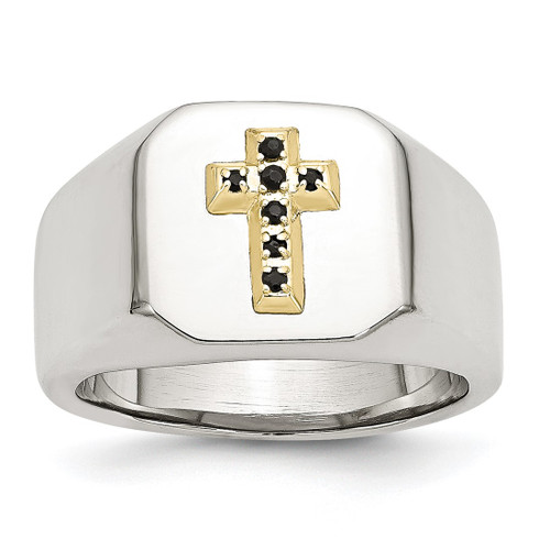 Chisel Stainless Steel Polished with 14K Gold Accent Sapphire Cross Signet Ring, 15 mm