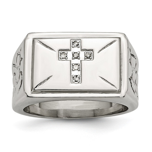 Chisel Stainless Steel Polished and Textured 0.05ct Diamond Cross 13.25 mm Band Ring