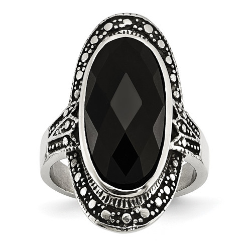 Stainless Steel Black Glass Antiqued Ring, 29 mm