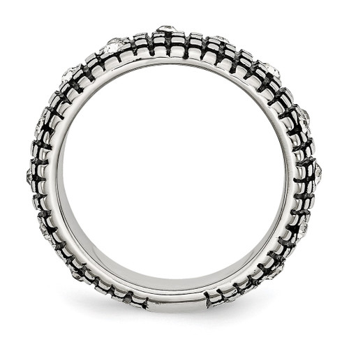 Stainless Steel Antiqued and Polished with Crystal 10 mm Band Ring - View 2
