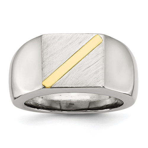 Chisel Stainless Steel Brushed and Polished with 14K Gold Stripe Signet Ring, 11 mm