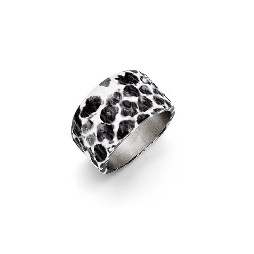 Stainless Steel Polished Black and White Textured Ring, 12 mm