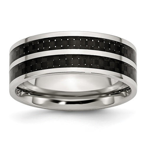Chisel Stainless Steel Polished with Double Row Black Carbon Fiber Inlay 8 mm Wedding Band