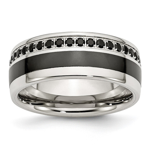 Stainless Steel Polished Black Ceramic Inlay Black Cubic Zirconia 9 mm Wedding Band