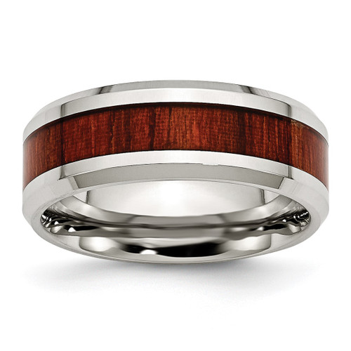 Chisel Stainless Steel Polished with Red Koa Wood Inlay Enameled 8 mm Wedding Band, Flat
