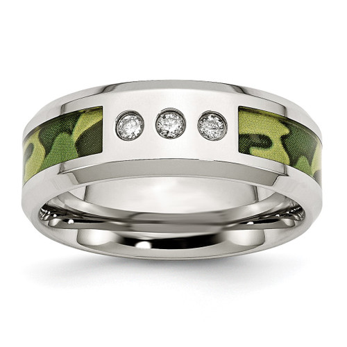 Chisel Stainless Steel Polished Camouflage 0.1ct Diamond 8 mm Wedding Band