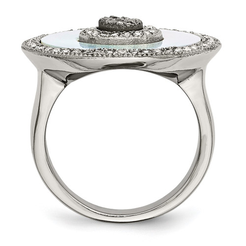 Stainless Steel Polished Mother of Pearl/Druzy Quartz and Crystal Ring - View 2